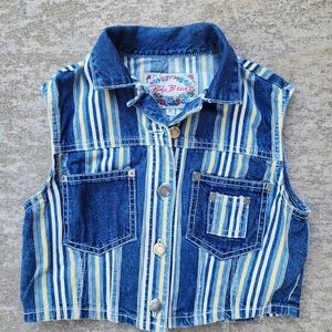 Vintage 90s Paris Blues Girls Striped Denim Jean Vest, Blue Yellow Size M (8-10)